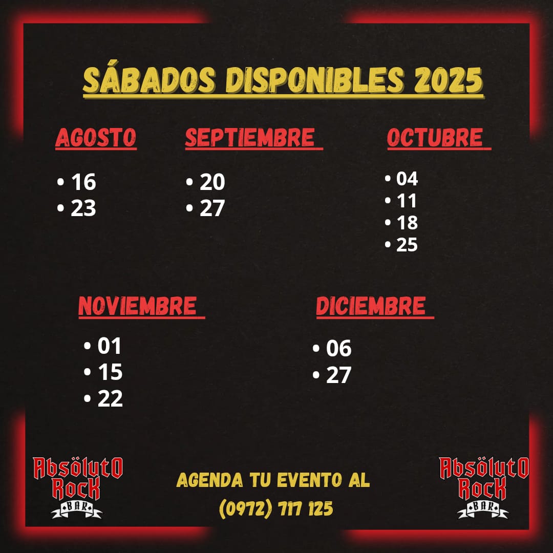 Sábados disponibles para eventos, conciertos en el #BastionDelRock

♠️ Volvemos el Miércoles a partir de las 18 hs

♠️ Acceso libre

♠️ Promos de cerveza y tragos 🍺 🍹

Para consulta o reservas favor comunicarse al 0972717125

#AbsolutoRockBar ♠️