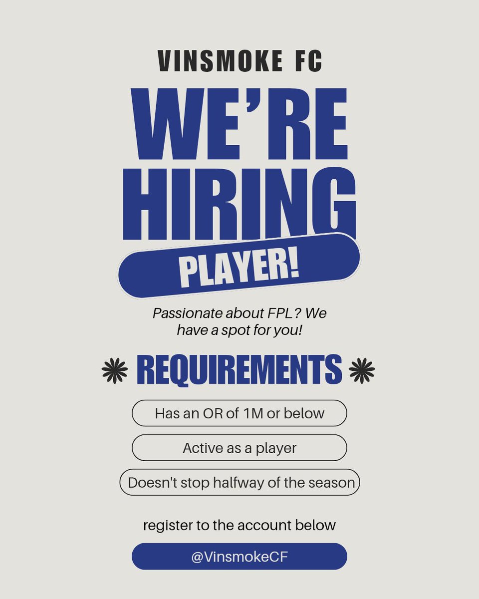 Vinsmoke FC (@vinsmokecf) on Twitter photo Calling out all the LFT out there! Vinsmoke registration is open! be part of our team right now. <a href="/LigaBRFI/">Battle Royale FPL Indonesia</a> #BRFI Calling out all the LFT out there! Vinsmoke registration is open! be part of our team right now. <a href="/LigaBRFI/">Battle Royale FPL Indonesia</a> #BRFI