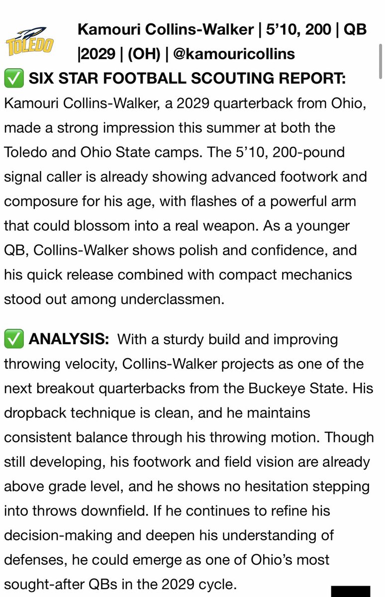 Thank you again <a href="/sixstarfootball/">Six Star Football | PLUS+</a> for another write up. <a href="/QBHitList/">QBHitList.com</a> <a href="/BradMaendler/">Brad Maendler</a> <a href="/AlPopsFootball/">𝐀𝐋 𝐏𝐨𝐩𝐬</a> <a href="/AllenTrieu/">Allen Trieu</a> <a href="/Mark__Porter/">ScoutingOhio.com - 247 Sports - Bucknuts</a> <a href="/RivalsFriedman/">Adam Friedman</a> @On3Recruits <a href="/One11Recruiting/">One11 Recruiting</a> <a href="/5StarPreps/">5Star Preps</a> <a href="/PrepRedzoneOH/">Prep Redzone Ohio</a> <a href="/aj_harrisonjr/">AJ Harrison</a> <a href="/ToledoQBs/">Robert Weiner</a> <a href="/CoachJoeMills/">Joe Mills</a>