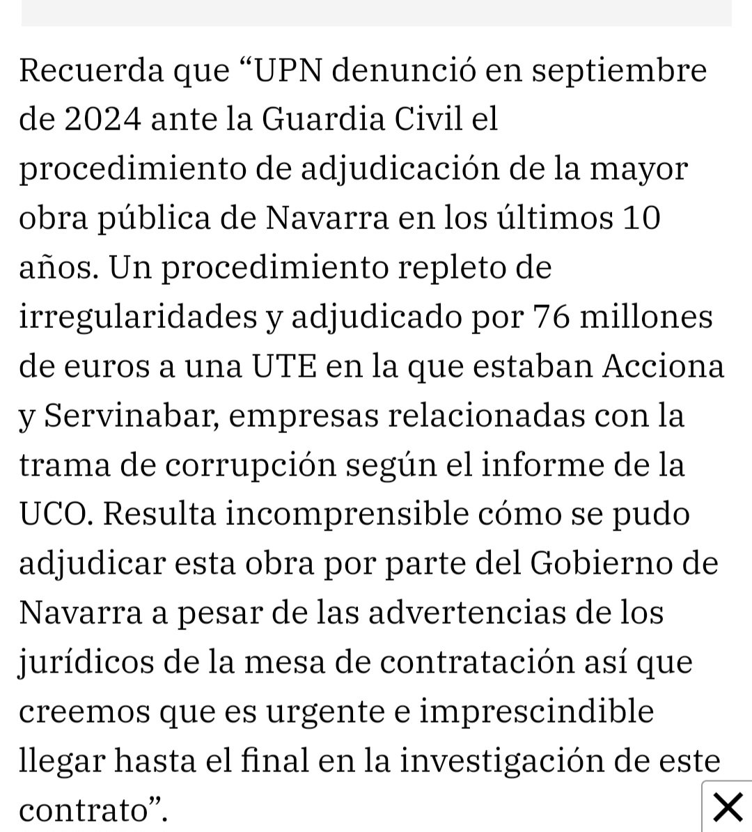 <a href="/crisibarrola_/">Cristina Ibarrola</a> 
Presidenta <a href="/upn_navarra/">UPN</a> 
Entrevista
<a href="/larazon_es/">La Razón</a> 
"UPN denunció en septiembre de 2024 ante la Guardia Civil el procedimiento de adjudicación de la mayor obra pública de Navarra en los últimos 10 años. Un procedimiento repleto de irregularidades y adjudicado a...".