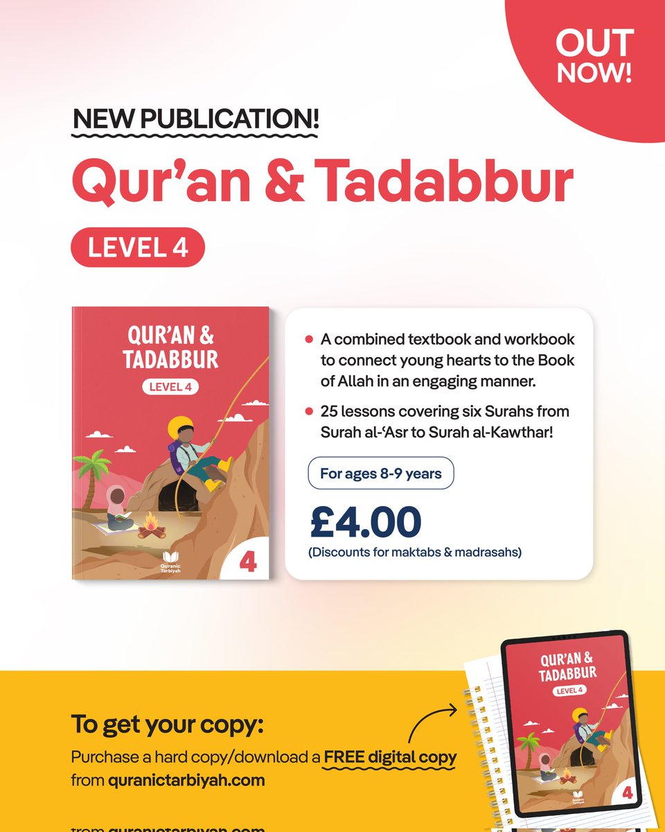 quranictarbiyah's tweet image. ✨ Alhamdulillah, It's Here! ✨
📕 The new Qur’an & Tadabbur – Level 4 is now available to order!
Connect young hearts to the Book of Allah by exploring the meanings of short key surahs through this engaging interactive textbook & workbook.
Order now at: quranictarbiyah.com/all-products/q…
