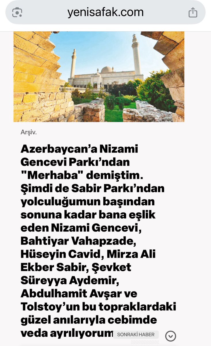 Yeni Şafak’taki Azerbaycan izlenimlerinde bizden de söz etme nezaketinde bulunan Fatma Demircioğlu Parlar’a teşekkür ederim.
#yenişafak