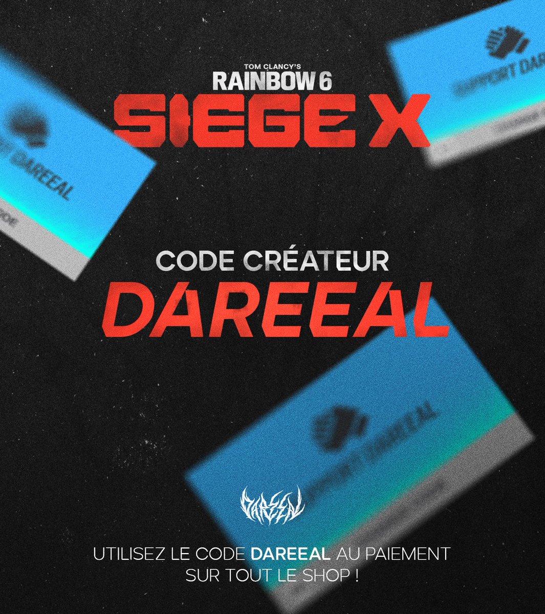 J’ai officiellement un code créateur sur mon jeu de coeur, Rainbow 6 Siege X ! 

Vous pouvez dès maintenant utiliser le code DAREEAL sur tout le shop R6 &amp; le ubisoft store pour me soutenir !💥

Merci à <a href="/UbisoftFR/">Ubisoft FR 🇫🇷</a> pour cette opportunité 🙌