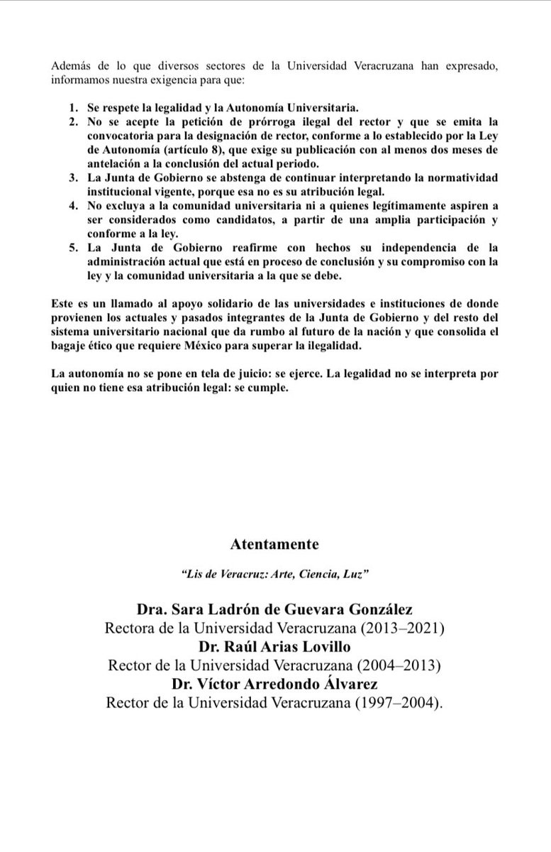 Lean y difundan por favor segundo pronunciamiento de ex rectores de la autonomía Universidad Veracruzana