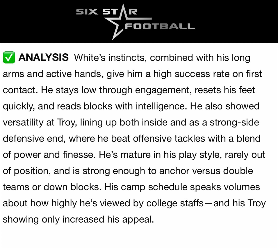 Thank You <a href="/sixstarfootball/">Six Star Football | PLUS+</a> For The <a href="/TroyTrojansFB/">Troy Trojans Football 8x⚔️</a> Camp Article &amp; Evaluation 🙏🏾. <a href="/CoachJMann919/">Justin Manning</a> <a href="/joe_discher/">Joe Discher</a> <a href="/RecruitHoover/">#RecruitHoover</a> <a href="/coachCEnglish/">Coach English</a> <a href="/Coach_Reeves21/">Coach Josh Reeves, M.Ed.</a> <a href="/CoachL__/">Coach L</a> <a href="/AL7AFootball/">Alabama7AFootball</a> <a href="/HallTechSports1/">Hall-Tech Sports</a> <a href="/PrepRedzoneAL/">Prep Redzone Alabama</a> <a href="/ScoutFball/">Larry Rudolph</a> <a href="/Alabama_Varsity/">Alabama Varsity</a>