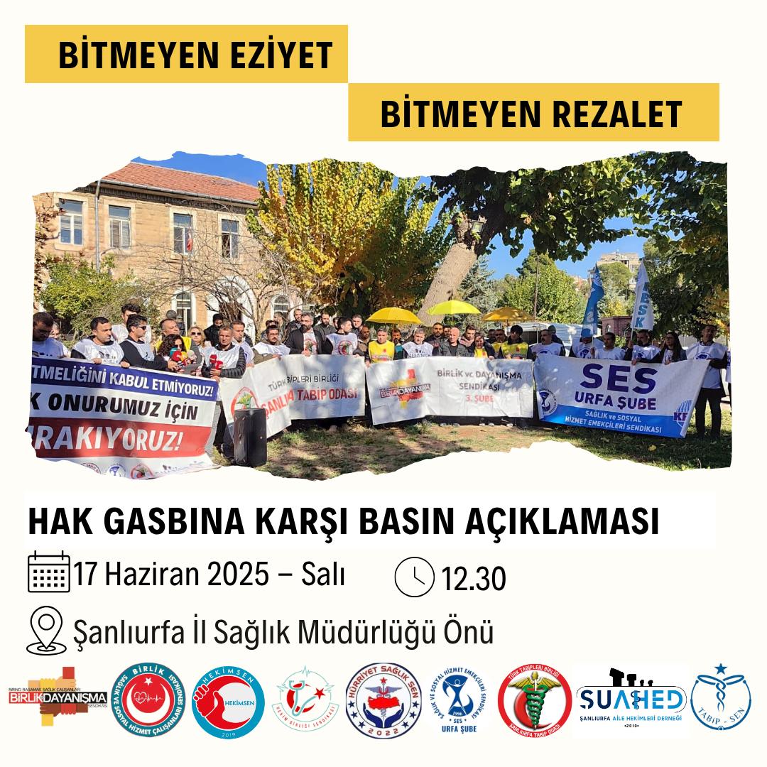 Hekimsenurfa's tweet photo. 30 Ekim 2024 tarihli Aile Hekimliği Sözleşme ve Ödeme Yönetmeliği nedeniyle, aile hekimlerimizin maaşlarından yapılan kesintilerin her geçen gün artmasına  HAYIR demek için tüm aile hekimlerimizi 17 Haziran Salı günü saat 12.30'da basın açıklamasına bekliyoruz. https://t.co/YmehZxahTd
