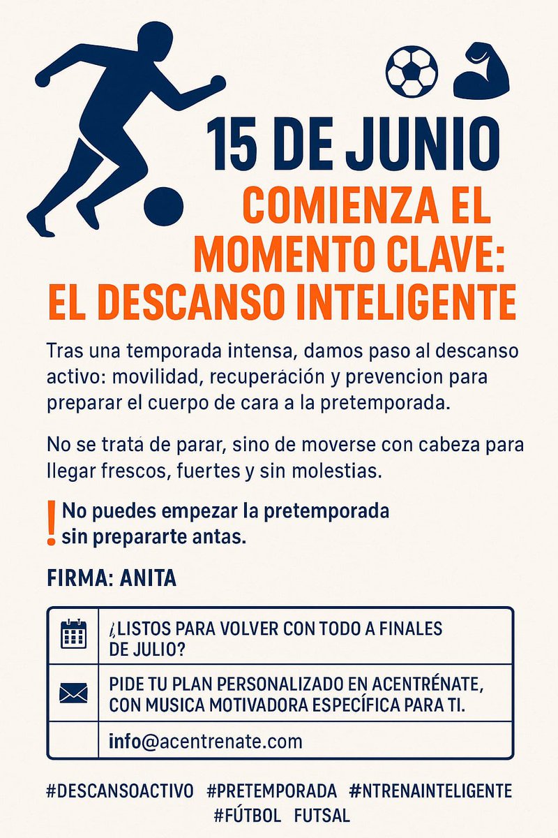 Ana Cabello (@acentrenate) on Twitter photo ⚽💪 15 de junio: empieza el descanso inteligente.
Movilidad, recuperación y prevención para llegar fuertes a la pretemporada.
No se trata de parar, sino de moverse con cabeza.📝
📩 Pide tu plan:
info@acentrenate.com
#DescansoActivo #Pretemporada #ACentrenate ⚽💪 15 de junio: empieza el descanso inteligente.
Movilidad, recuperación y prevención para llegar fuertes a la pretemporada.
No se trata de parar, sino de moverse con cabeza.📝
📩 Pide tu plan:
info@acentrenate.com
#DescansoActivo #Pretemporada #ACentrenate