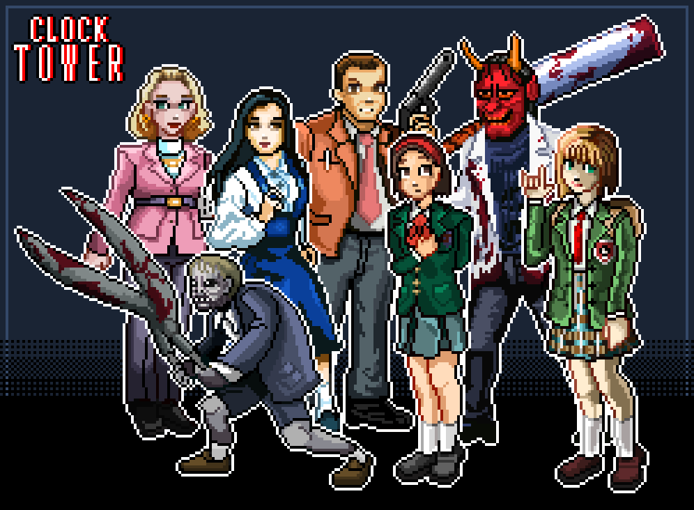 DigDougArt's tweet photo. Some of the old Clock Tower fam (repost)✂️🩸
#JenniferSimpson #Scissorman
#Helen #GeorgeMaxwell #Gotts 
#AlyssaHale #AlyssaHamilton #pixelart https://t.co/jbo6fax8Si