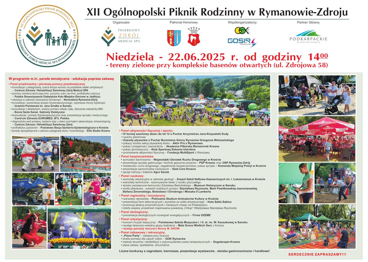 rymanowzdroj's tweet photo. Świerkowy Zdrój Medical Spa zaprasza do udziału w XII Ogólnopolskim Pikniku Rodzinnym w Rymanowie-Zdroju, który odbędzie się 22 czerwca 2025 r. (niedziela), start od godz. 14:00, szczegóły imprezy na plakacie:

#stomil #piknik https://t.co/bHgd6XBhJz