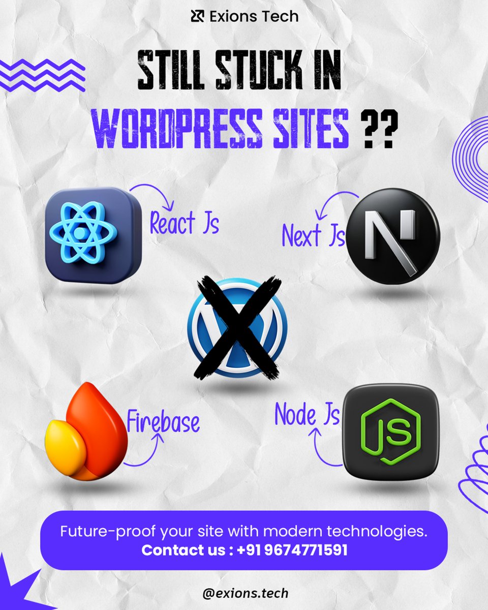Still stuck in WordPress? 😬
Time to go modern with React, Next, Node &amp; Firebase! 🚀
Let Exions Tech build your next-gen site.
📲 +91 9674771591
#TechUpgrade #ReactJS #NextJS #NodeJS #Firebase #ExionsTech #WebDevelopment
