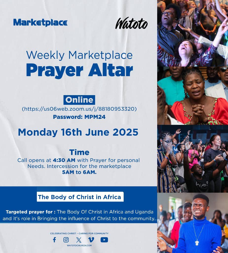 Hello, 

You're invited to our weekly *Marketplace Prayer Altar* on 16th June Monday morning at  4:30AM - 6:00AM

Topic:*THE BODY OF CHRIST IN AFRICA*  

Time: 04:30 AM Africa/Kampala

Join Zoom Meeting
us06web.zoom.us/j/88180953320

Meeting ID: 881 8095 3320
Passcode: *MPM24*

_Zoom