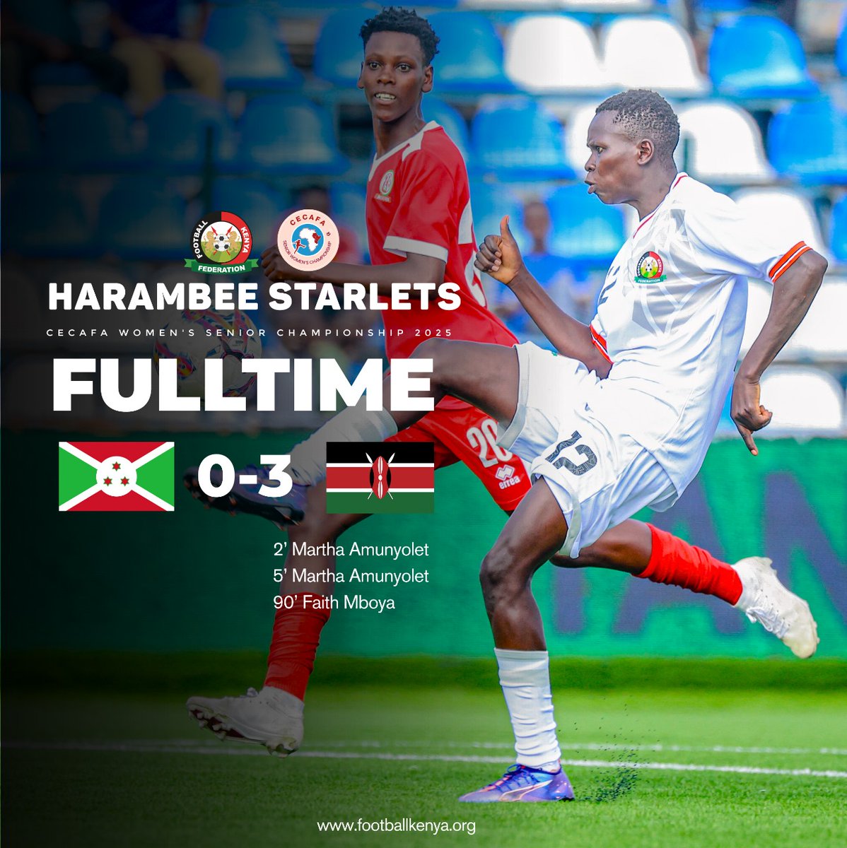 Vihiga Queens FC (@vihigaqueensfc) on Twitter photo CONGRATULATIONS to our midfield maestro Martha Amunyolet for the thrilling performance exhibited today during the CECAFA Women's Senior Championship 2025 match between Kenya&Burundi at the Azam Complex in Tanzania.
Martha's brace led to <a href="/StarletsKE/">Harambee Starlets</a> winning the match 3:0. CONGRATULATIONS to our midfield maestro Martha Amunyolet for the thrilling performance exhibited today during the CECAFA Women's Senior Championship 2025 match between Kenya&Burundi at the Azam Complex in Tanzania.
Martha's brace led to <a href="/StarletsKE/">Harambee Starlets</a> winning the match 3:0.