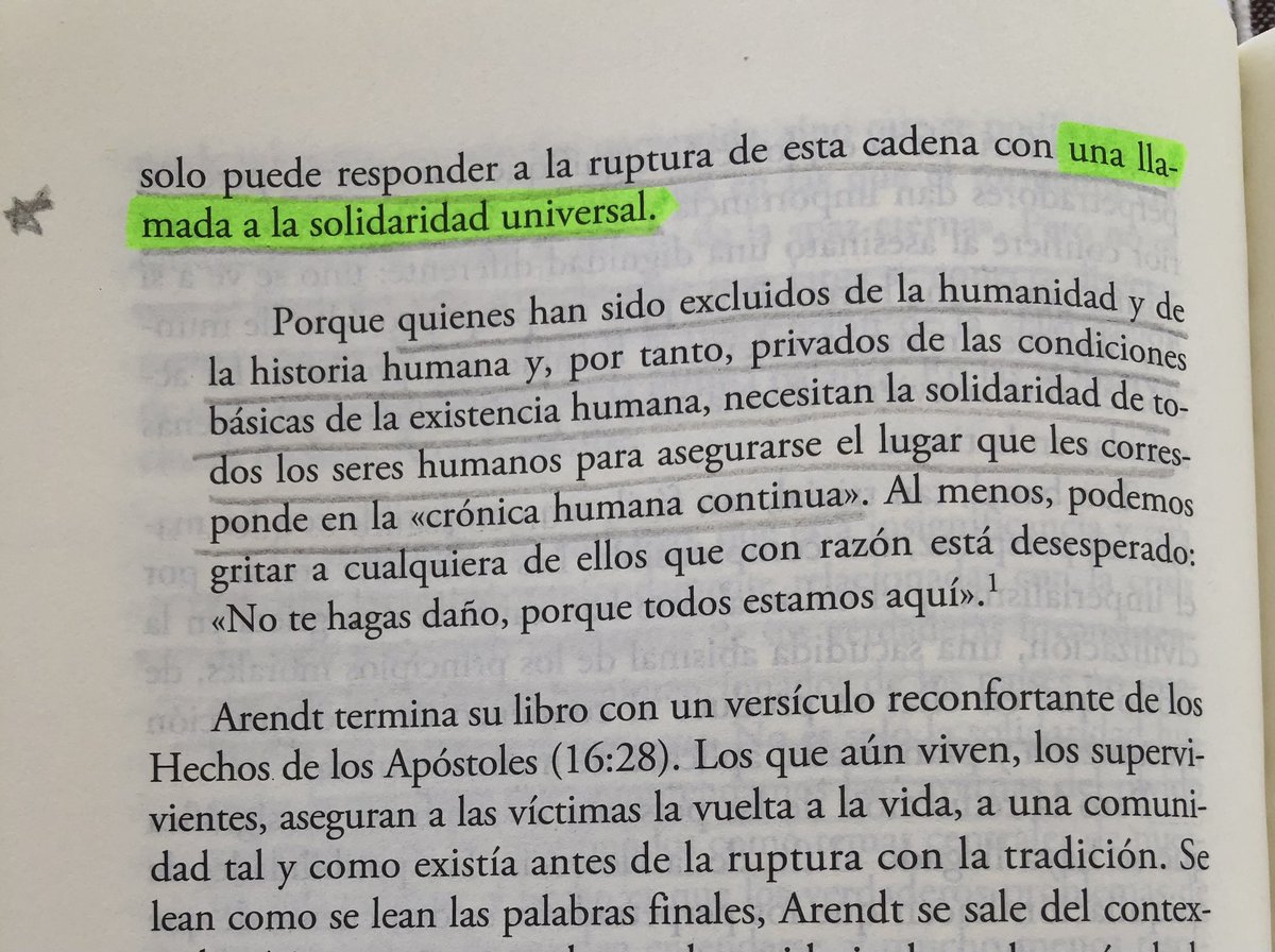 📖 Hannah Arendt. Una biografía intelectual y colosal. ✍️ T. Meyer. 

🤝 Llamada a la solidaridad universal. "Quienes han sido excluídos de la humanidad necesitan la solidaridad de todos los seres humanos para asegurarse el lugar que les corresponde en la crónica humana continua"