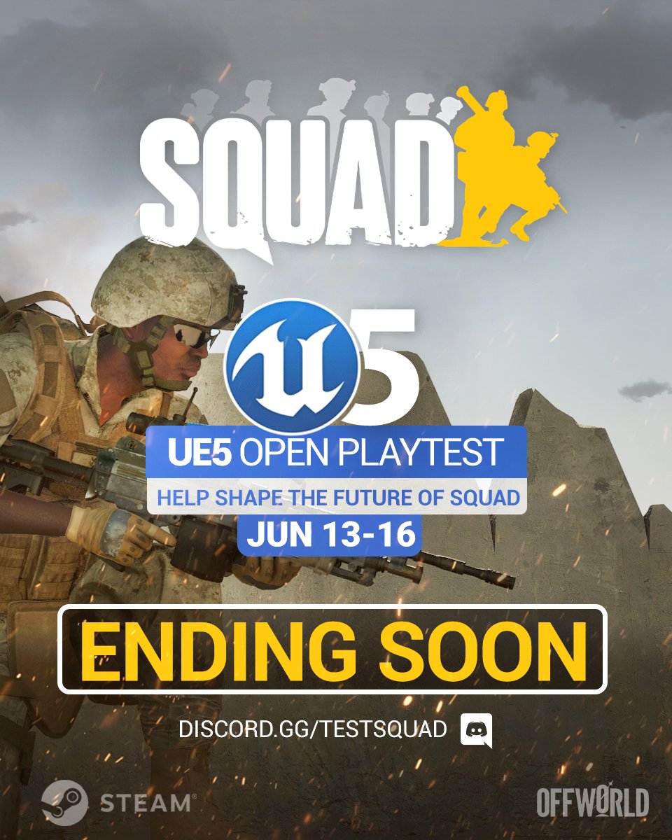 Squad (@joinsquad) on Twitter photo 🚨 LAST 24 hours to playtest our latest UE5 build!
🎮 Steam > View > Hidden Games > Squad Public Playtesting
📌 Find a server: discord.gg/testsquad
⌛ Ends June 16 <a href="/11am/">11 am in morning</a> PT
#JoinSquad #playtest 🚨 LAST 24 hours to playtest our latest UE5 build!
🎮 Steam > View > Hidden Games > Squad Public Playtesting
📌 Find a server: discord.gg/testsquad
⌛ Ends June 16 <a href="/11am/">11 am in morning</a> PT
#JoinSquad #playtest