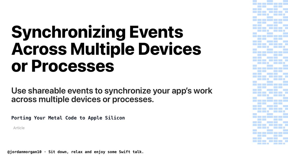 📝Today's technical article is from the Porting Your Metal Code to Apple Silicon framework 📝

Synchronizing Events Across Multiple Devices or Processes:
Use shareable events to synchronize your app’s work across multiple devices or processes.

👉developer.apple.com/documentation/…
