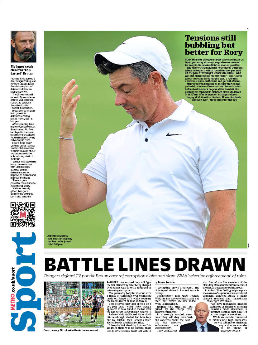 Monday's back page                                  

BATTLE LINES DRAWN    

Rangers defend TV pundit Brown over ref corruption claim and slam SFA’s ‘selective enforcement’ of rules     

#TomorrowsPapersToday #scotpapers #skypapers #BBCPapers #scottishfootball