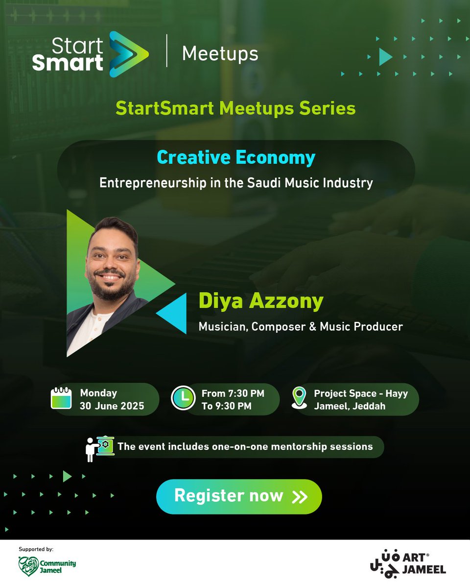 startsmartsaudi's tweet image. In collaboration with @Art_Jameel Foundation, we are pleased to invite you to the 10th meetup of the #StartSmart series, titled &quot;The Economy of Creation: Entrepreneurship in Art and Music,&quot; with our guest  musician, Mr. Diya Azzony. Enjoy one hour of knowledge and inspiration…