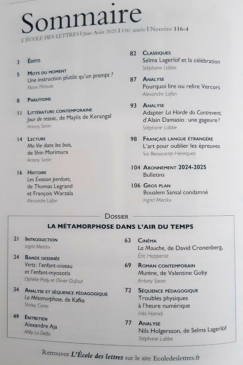 Collège Antoine Risso (@collegerisso) on Twitter photo 📚Dans le dernier numéro de l'année scolaire de L'École des lettres, notre professeure de lettres modernes Shirley Conte propose une analyse et une séquence sur la Métamorphose de Kafka.  Pour vous abonner à cette formidable revue, c'est par ici ➡️ ecoledeslettres.fr/abonnements/ 📚Dans le dernier numéro de l'année scolaire de L'École des lettres, notre professeure de lettres modernes Shirley Conte propose une analyse et une séquence sur la Métamorphose de Kafka.  Pour vous abonner à cette formidable revue, c'est par ici ➡️ ecoledeslettres.fr/abonnements/