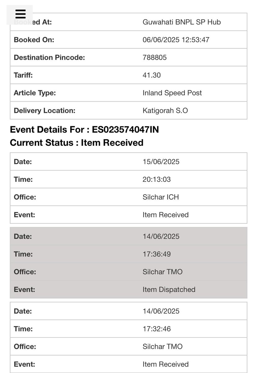 ferdousAMU's tweet photo. @IndiaPostOffice
My item was sent via Speed Post on 6th June from Guwahati to Silchar, just 300 km away. It reached Silchar on 10th June but was sent back to Guwahati and is now going in circles. It’s been 12 days, but still not delivered. Please check and resolve the issue. https://t.co/BhB6Kg5EcM