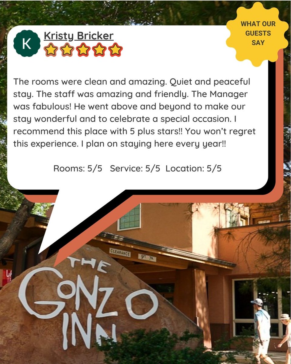 gonzoinn's tweet photo. Grateful for guests like you! 🌟 “Peaceful, clean, &amp; beyond amazing staff—5+ stars!” 🦎 See you next year! #GonzoInn #MoabMagic https://t.co/hiKf9zVWjD