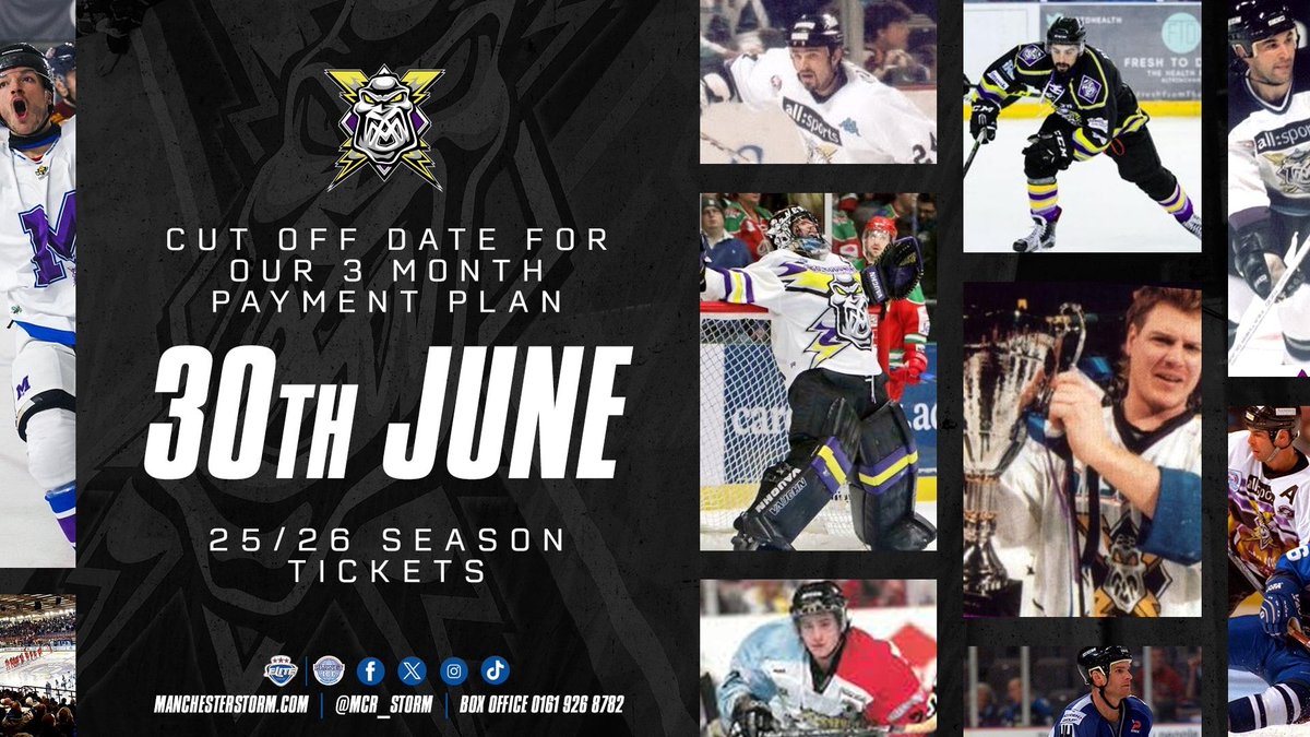 ⛈️ New Era. New energy. New Season. Manchester Storm turning 30. It’ll be a Season to remember…

Lock in your seat with our 3-month payment plan before the 30th June DEADLINE. 

This is your moment. This is your Storm. Take Shelter with us, Manchester 👇 

🎟️