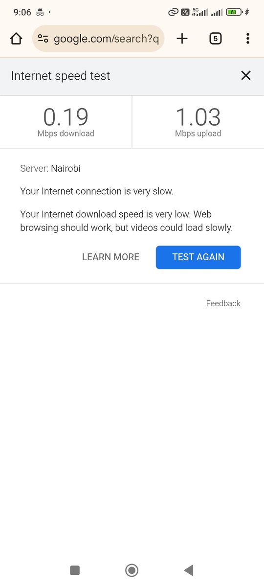 musamike2's tweet photo. @SafaricomPLC good evening. I bought data bundles today in the evening and despite my network showing 5g I am experiencing extremely low internet speed. Please assist. See below screen shot https://t.co/O5hECb0Hfs