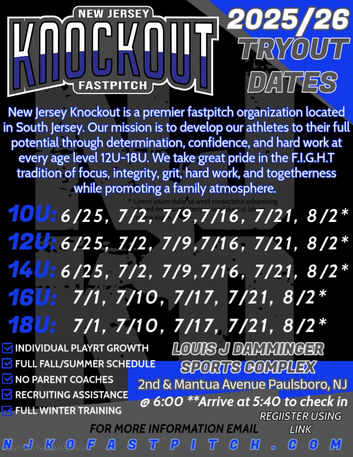 Use the link to fill out form and pre register to attend. If you prefer to attend a current team practice  email newjerseyknockout@yahoo.com to schedule. Private tryouts are also available upon request! We look forward to seeing YOU there! 

forms.gle/aeW7tgC6c7cfcE…