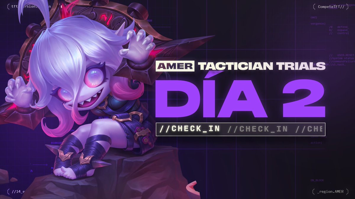 Solo quedan 120 estrategas y ¡comienza el día 2 de las Tactician Trials de #TFTEsportsAMER!

Recordatorio: ¡No olvides inscribirte antes de las 13:00 🇲🇽 / 14:00 🇨🇴🇵🇪 / 15:00 🇨🇱 / 16:00 🇦🇷!

📊 Puntuaciones: bit.ly/S14AMERTT3