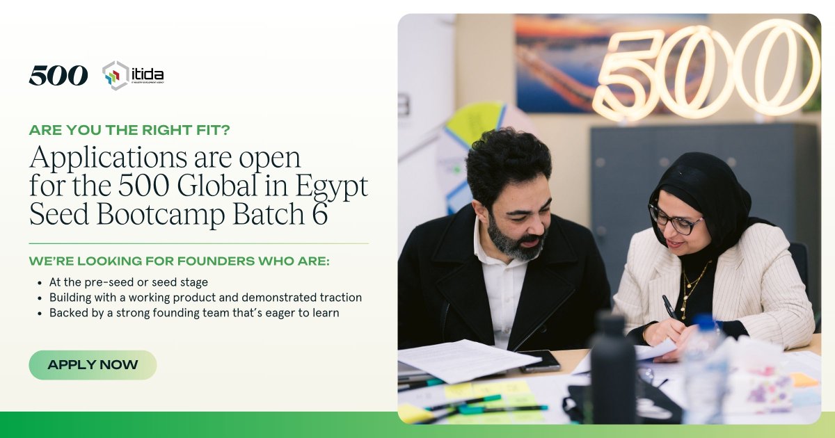🚀 Calling all early-stage founders in Egypt! 

Applications are open for Egypt Seed Bootcamp in collaboration with ITIDA! If you're in the pre-seed or seed stage with a working product eager to learn, apply now to accelerate your startup! 

🔗 be.500.co/egypt-sbc6