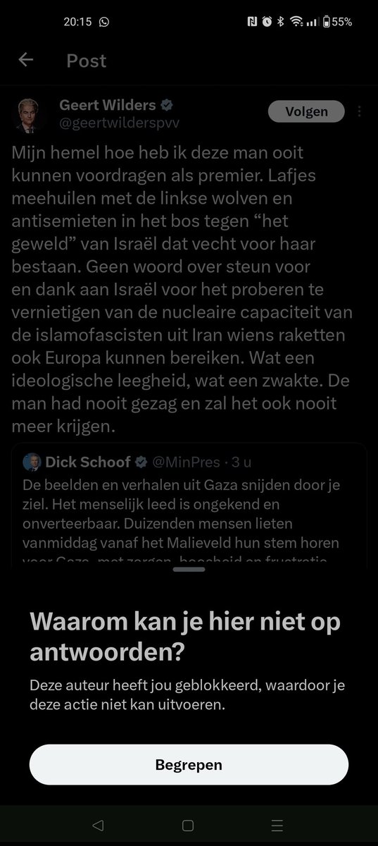 Ik kan dus niet meer op <a href="/geertwilderspvv/">Geert Wilders</a> reageren omdat de zielepoot mij geblokkeerd heeft. Wat een slechtoffer is het hè...... Ongelooflijk. Alsof ie er niks aan kan doen dat alles zo in elkaar stort als ie zich er tegenaan bemoeid🥴