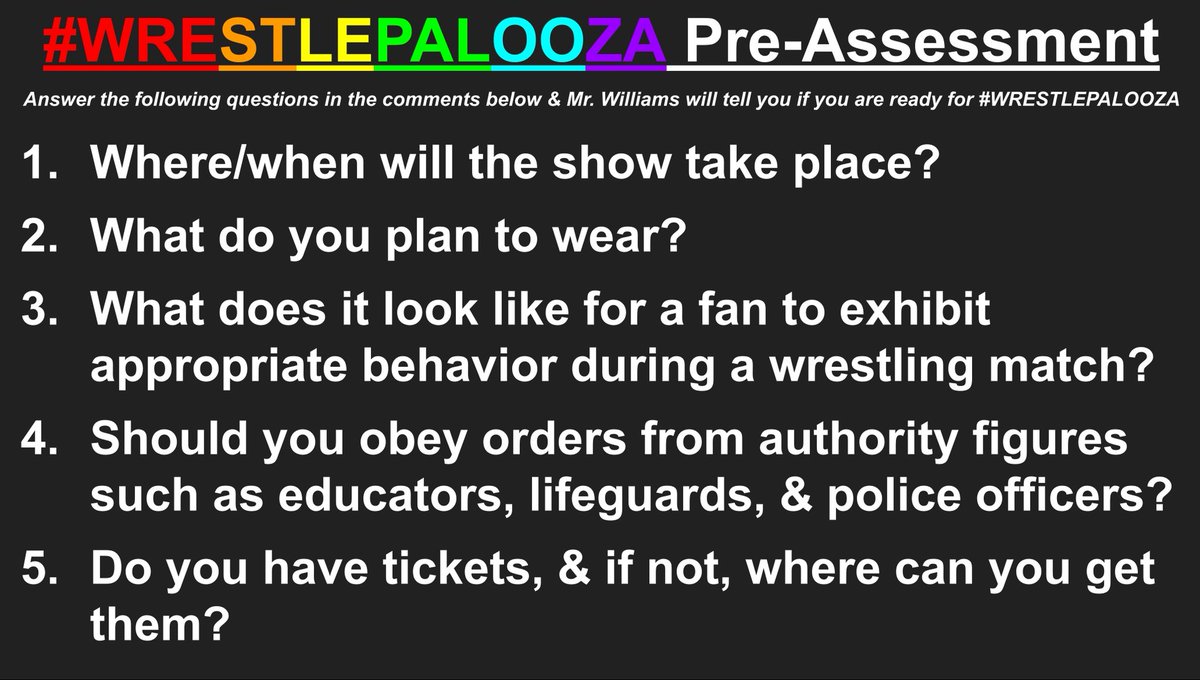 Mr. Williams (@billwillteacher) on Twitter photo I have created a pre-assessment to determine whether or not <a href="/f1rstwrestling/">F1RST Wrestling</a> fans are ready for #WRESTLEPALOOZA. Post your responses in comments and I will provide feedback at my earliest convenience.
🎟️ axs.com/events/920946/… I have created a pre-assessment to determine whether or not <a href="/f1rstwrestling/">F1RST Wrestling</a> fans are ready for #WRESTLEPALOOZA. Post your responses in comments and I will provide feedback at my earliest convenience.
🎟️ axs.com/events/920946/…