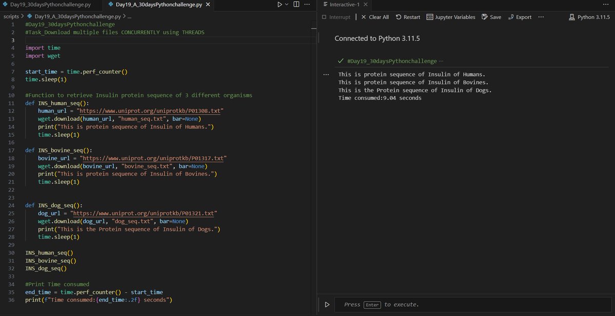 _meow_meg's tweet image. Day19: #30DaysOfPython #IDC30DaysChallenge       

lesson learnt: 
&amp;gt;multitasking in python-- multithreading and multiprocessing [meaning, use cases]
&amp;gt;concept of concurrency &amp;amp; parallelism
&amp;gt;used multithreading to retrieve protein seqs. from UniprotKB