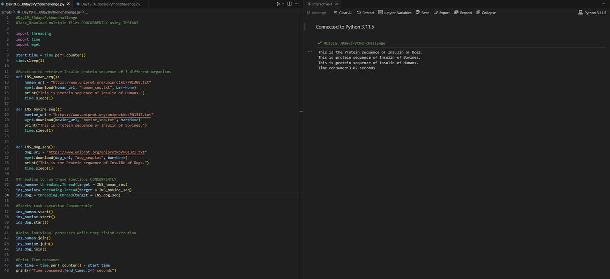 _meow_meg's tweet image. Day19: #30DaysOfPython #IDC30DaysChallenge       

lesson learnt: 
&amp;gt;multitasking in python-- multithreading and multiprocessing [meaning, use cases]
&amp;gt;concept of concurrency &amp;amp; parallelism
&amp;gt;used multithreading to retrieve protein seqs. from UniprotKB
