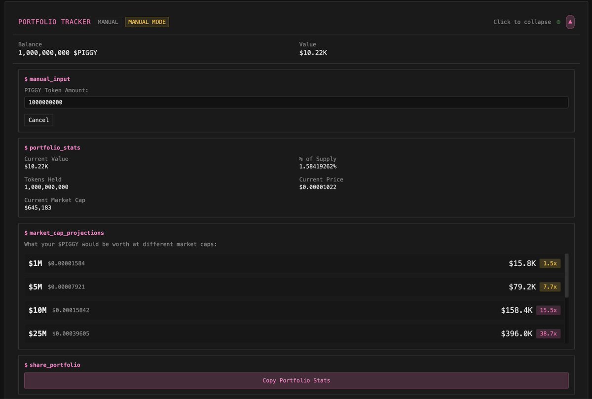 PiggyOnchain v1.0.3 is live 🐷

🐽 Track your $PIGGY portfolio manually or via optional wallet connection. 
🐽 Check your percent ownership of the greatest store of value asset in history
🐽 See your projected returns based on market cap increases.