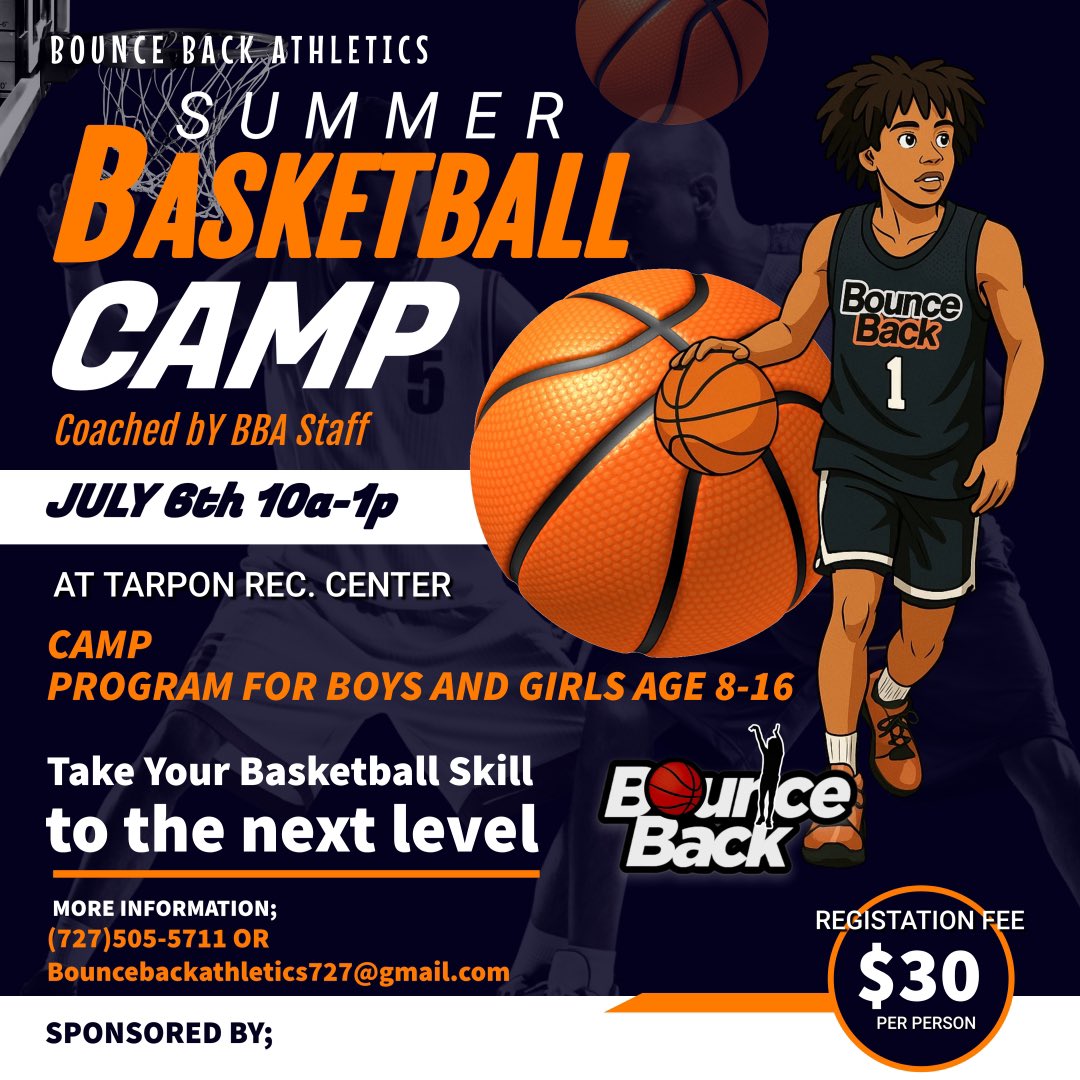 🔥Bounce Back Youth Basketball Camp🔥

Ready to work? Ready to grow? This camp is for YOU! 💪🏀

📅 July 6 | ⏰ 10AM–1PM
📍 Tarpon Springs Rec Center
👥 Ages 6–17 | 💵 Only $30!

form.jotform.com/251468480234155