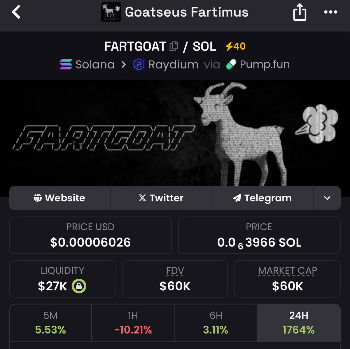 kryptofox001's tweet photo. Through my private TG, my team and I jumped into #FARTGOAT at $60K MCap.

Ca: DhUv2ryUP9MYAbBxxmL4yneczFAY6KvgnArCYpFVpump

SEND THAT DM TO JOIN MY PRIVATE TG ❗️

#Fartgoat #Solana #Memecoin https://t.co/1VlcLilDAE