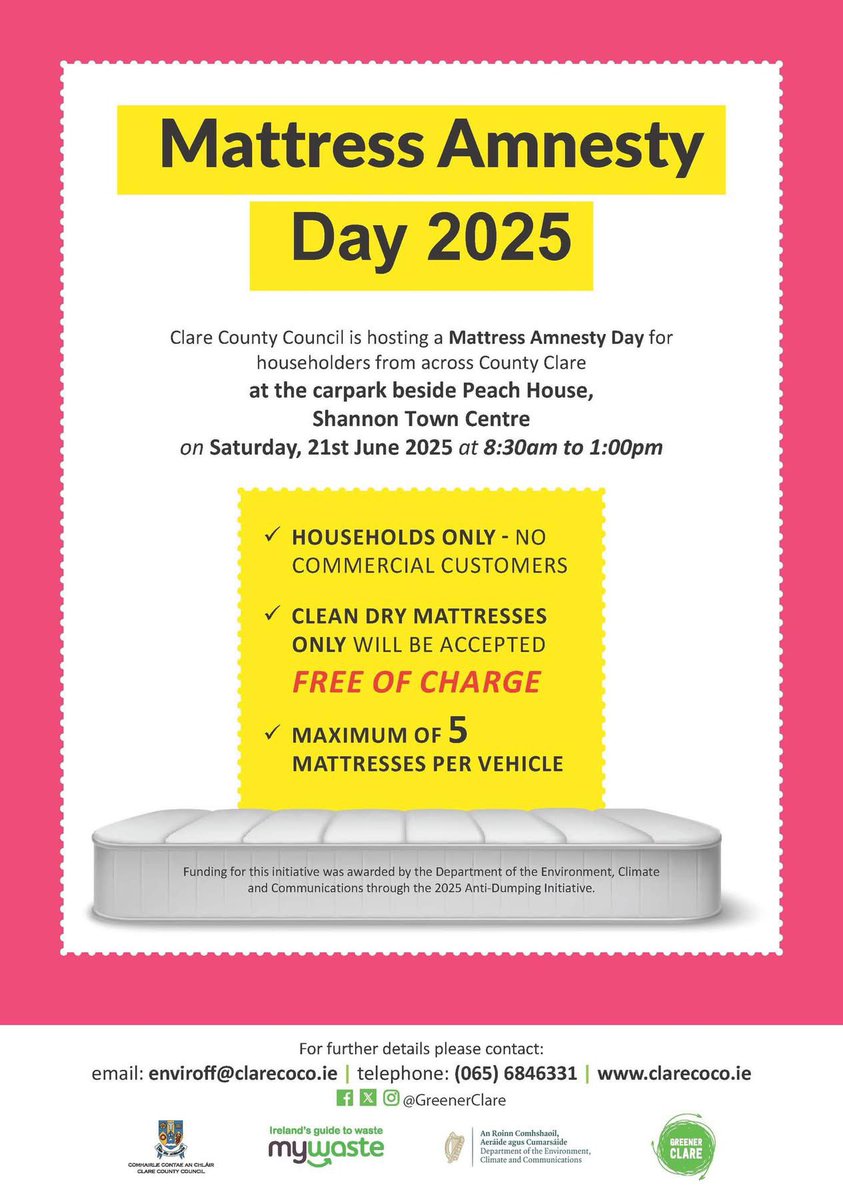 Greener Clare (@greenerclare) on Twitter photo A #Mattress Amnesty Day for #householders from across #Clare will take place at the carpark beside Peach House, Shannon Town Centre this Saturday, 21st June 2025 from 8:30am to 1:00pm
#SDGsIrl #GreenerClare #CircularEconomy #Shannon
<a href="/MyWasteIreland/">My Waste Ireland</a> <a href="/ClareCoCo/">Clare County Council</a> A #Mattress Amnesty Day for #householders from across #Clare will take place at the carpark beside Peach House, Shannon Town Centre this Saturday, 21st June 2025 from 8:30am to 1:00pm
#SDGsIrl #GreenerClare #CircularEconomy #Shannon
<a href="/MyWasteIreland/">My Waste Ireland</a> <a href="/ClareCoCo/">Clare County Council</a>