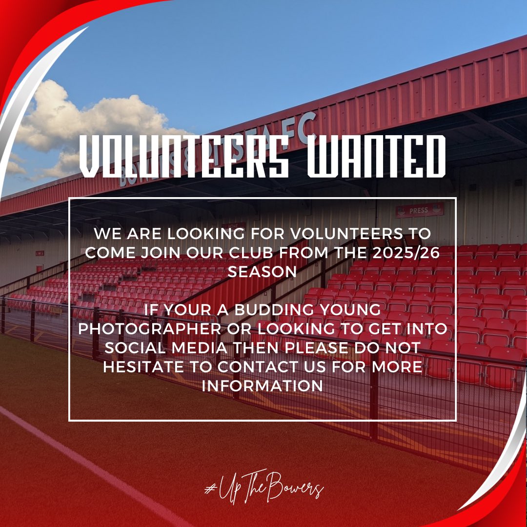 Looking to get involved with a football club and don’t know where to start?

Why not come and be part of our new era as we look to expand our behind the scenes team

For more information, please DM us

#UpTheBowers #BePartOfANewEra