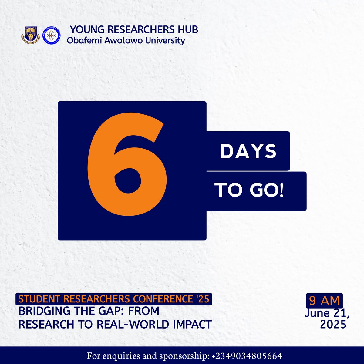 6 days to go! 🔥

 Get ready to bridge the gap between research and real-world impact at the Student Researchers Conference '25!

click the link below to join the waiting room for more information concerning the conference lnkd.in/dVymHCgX

#SRC25 #ResearchToImpact