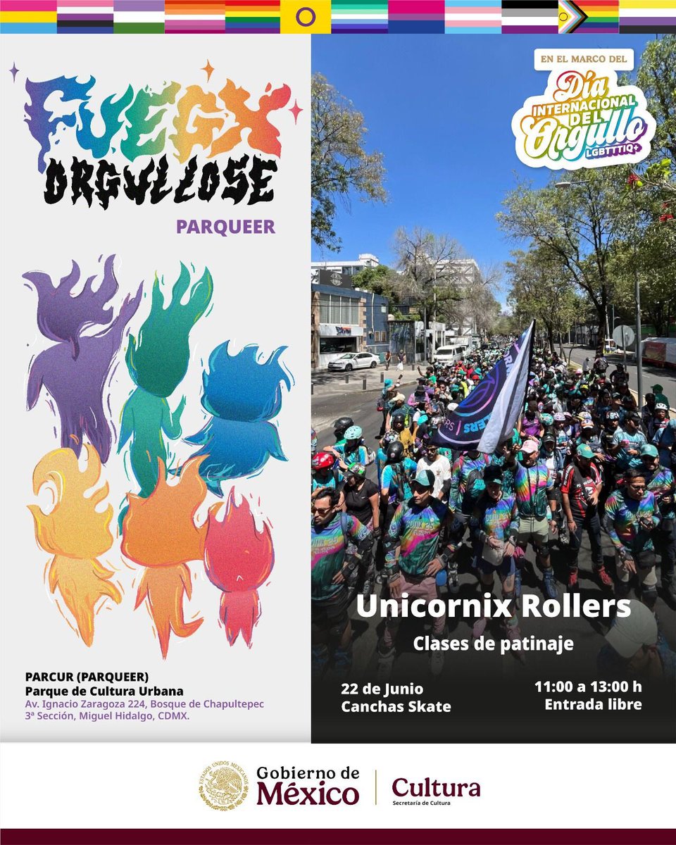 parcur_cdmx's tweet photo. ✨🛼 ¡Ponte brillx y rueda con orgullo! 🛼✨
Este 22 de junio de 11 a 13 h, los Unicornix Rollers llegan a PARCUR con clases de patinaje para todas las cuerpas y todos los niveles.

#FuegoOrgullose #PARCUR #RollerPride https://t.co/5JYiHNWFu0