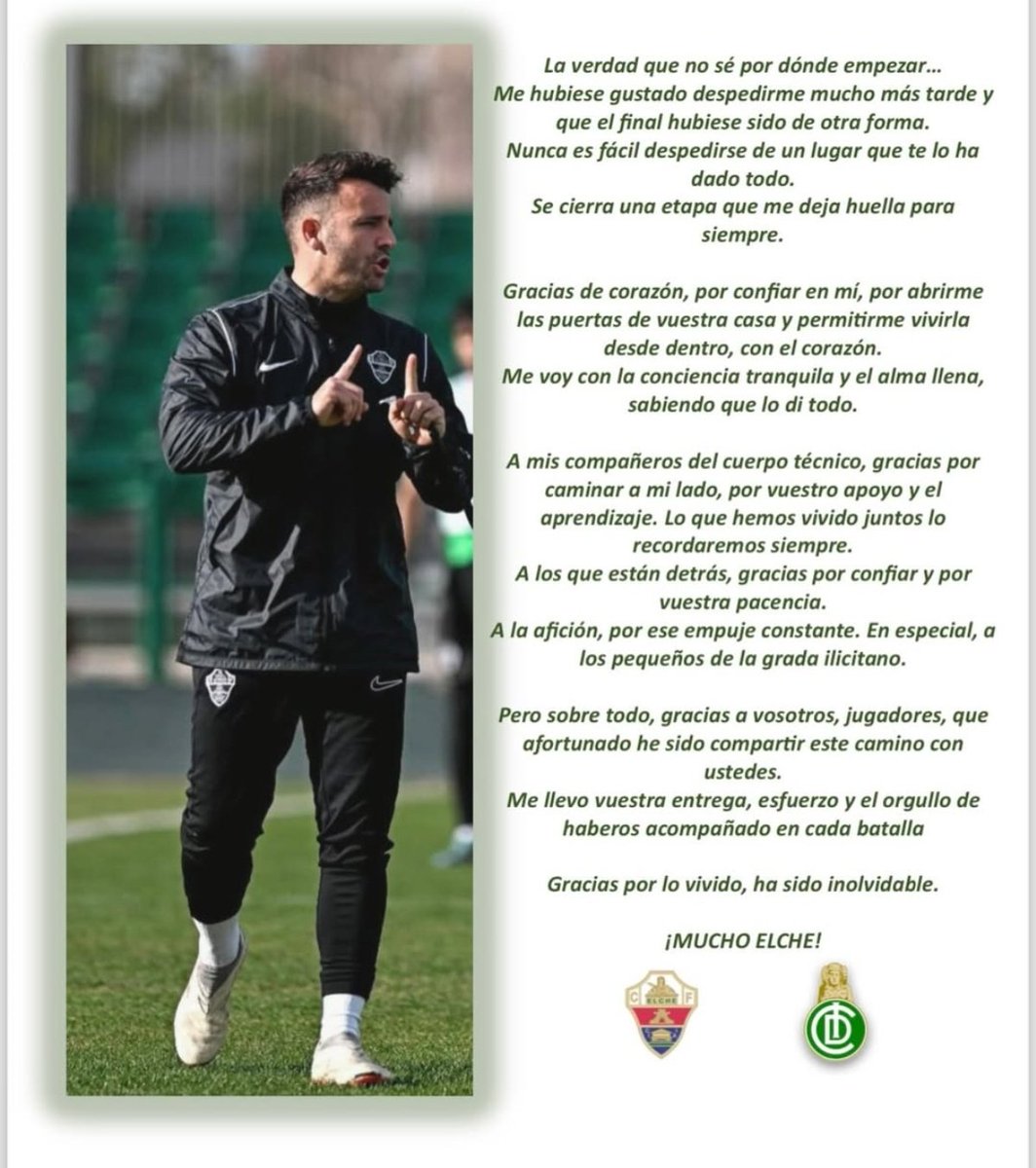 🥲💚 Ángel Donato se despide

👉🏻 El entrenador deja el Elche Ilicitano tras haber cosechado un ascenso a 2ªRFEF y una permanencia en la misma categoría con el filial franjiverde.