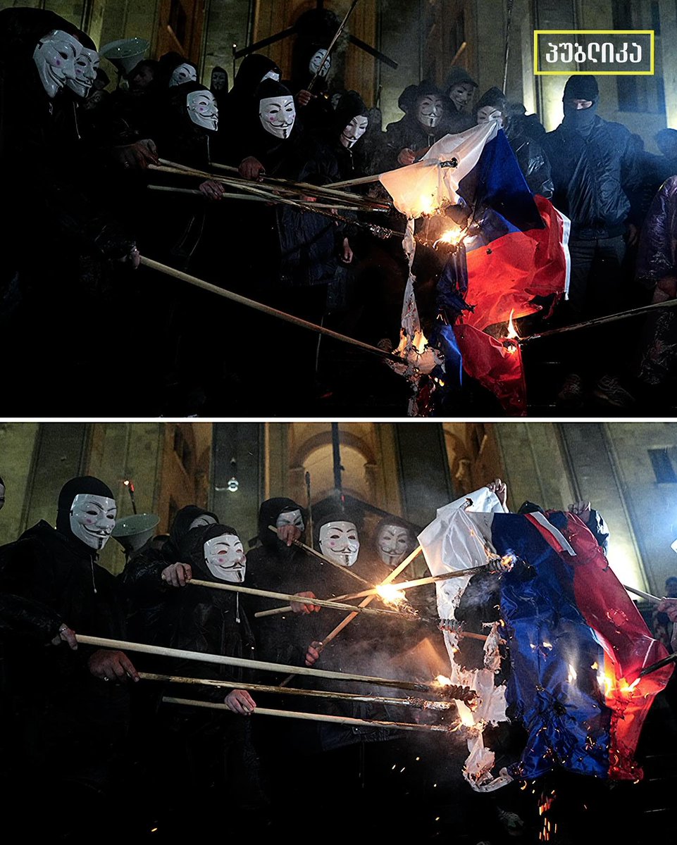 Publika_ge's tweet image. "Let the rotten Russian empire fall" — Day 200 of continuous protests in Georgia — Protesters burn Russian flag. 

#GeorgiaProtests