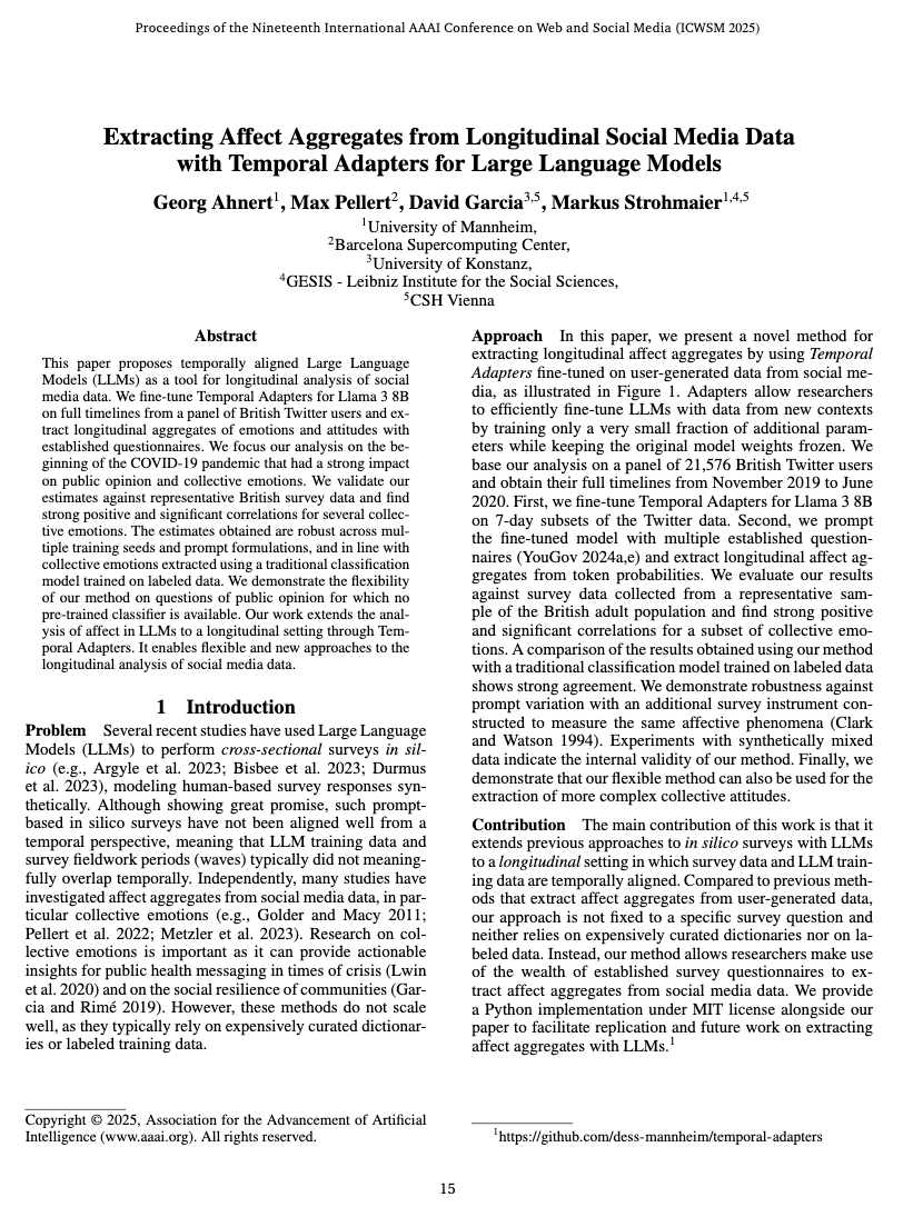 This <a href="/icwsm/">ICWSM</a>  paper fine-tunes Temporal Adapters for Llama 3 8B on full timelines from a panel of British Twitter users, finding that the fine-tuned LLMs retrieve collective emotions! Cool extension of simulation work to the longitudinal scenario:

ojs.aaai.org/index.php/ICWS…