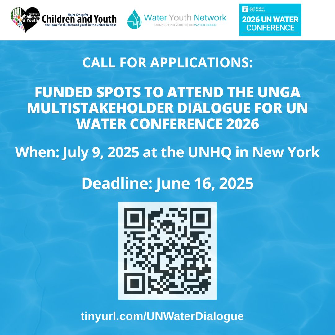 MGCY (@unmgcy) on Twitter photo π§ Fully-Funded Opportunity! π§
Join the UNGA Multi-Stakeholder Prep Meeting ahead of the 2026 UN Water Conference! πβ¨
π€Youth participation is facilitated by <a href="/WaterYouthNet/">Water Youth Network</a>.
π Apply: tinyurl.com/UNWaterDialogue
β° Deadline: June 16, 2025, 5 pm New York time π§ Fully-Funded Opportunity! π§
Join the UNGA Multi-Stakeholder Prep Meeting ahead of the 2026 UN Water Conference! πβ¨
π€Youth participation is facilitated by <a href="/WaterYouthNet/">Water Youth Network</a>.
π Apply: tinyurl.com/UNWaterDialogue
β° Deadline: June 16, 2025, 5 pm New York time