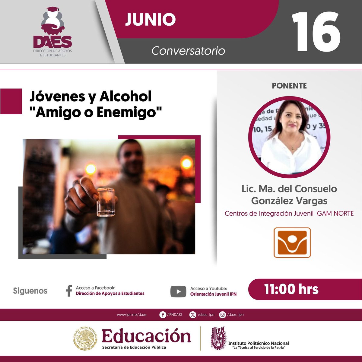 📣🥂 ¿El alcohol es parte de tu vida universitaria?
Únete al conversatorio:
"Jóvenes y Alcohol: ¿Amigo o Enemigo?"

📅 Fecha: 16 de mayo
🔍 Analiza los riesgos, reflexiona tus hábitos y toma decisiones informadas.
¡Ser joven también es elegir con conciencia!

#PrevenciónJuvenil