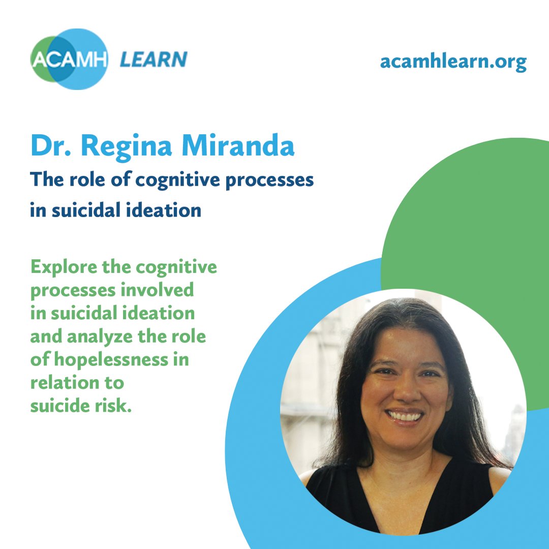ACAMH Learn (@acamhlearn) on Twitter photo Interested in improving your understanding of the cognitive models of suicidal ideation?
In this <a href="/ACAMHLearn/">ACAMH Learn</a> talk, <a href="/MirandaLabCUNY/">Regina Miranda, Ph.D. (Miranda Lab)</a> highlights her research on topics such as the processes and content of suicidal ideation.
Watch now to learn more. bit.ly/42tn5SK Interested in improving your understanding of the cognitive models of suicidal ideation?
In this <a href="/ACAMHLearn/">ACAMH Learn</a> talk, <a href="/MirandaLabCUNY/">Regina Miranda, Ph.D. (Miranda Lab)</a> highlights her research on topics such as the processes and content of suicidal ideation.
Watch now to learn more. bit.ly/42tn5SK