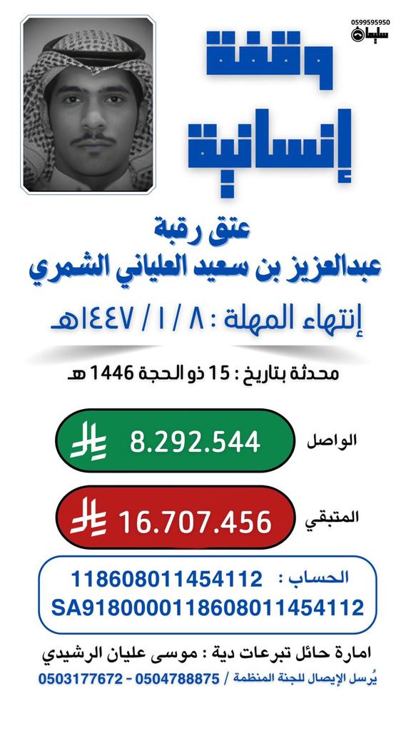 اخواني #شمر بكل فروعها وافخاذها انخاكم بالمشاركة والمساعدة لابن عمكم وينخاكم اهله #عتق_رقبه_عبدالعزيز_خلف_الشمري
فزعتكم وانتم اهل الفزعه والكرم والجود
