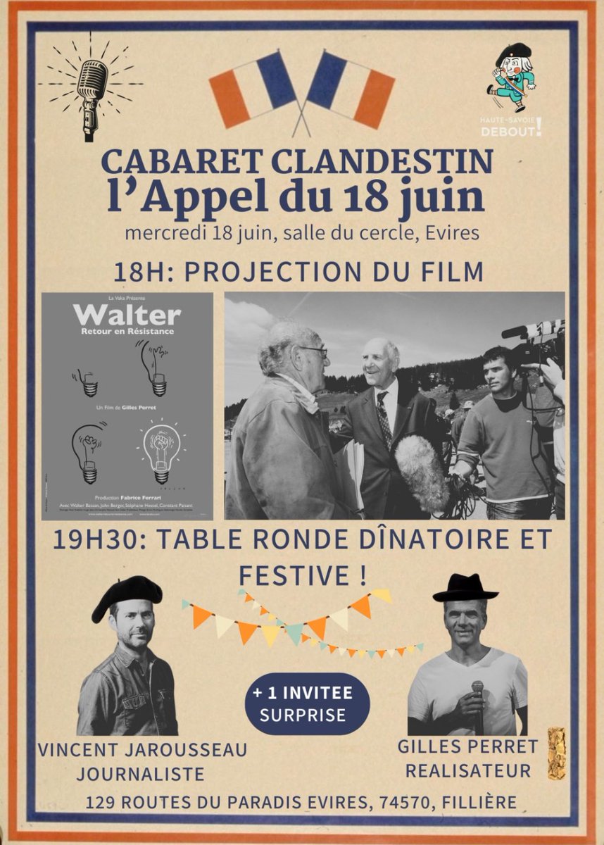 Gilles Perret (@gilles_perret) on Twitter photo Lâoccasion de voir ou revoir « Walter, retour en rĂ©sistance ». Mon film qui donna naissance à « Indignez vous! » de StĂ©phane HesselâŠ
Ce mercredi 18 juin Ă 18h Ă Evires (74).
<a href="/JournalFakir/">Fakir</a> <a href="/MutinsPangee/">Les Mutins de Pangée / CinéMutins</a>
#Résistance
#appeldu18juin
<a href="/VinceJarousseau/">Vincent Jarousseau</a> Lâoccasion de voir ou revoir « Walter, retour en rĂ©sistance ». Mon film qui donna naissance à « Indignez vous! » de StĂ©phane HesselâŠ
Ce mercredi 18 juin Ă 18h Ă Evires (74).
<a href="/JournalFakir/">Fakir</a> <a href="/MutinsPangee/">Les Mutins de Pangée / CinéMutins</a>
#Résistance
#appeldu18juin
<a href="/VinceJarousseau/">Vincent Jarousseau</a>