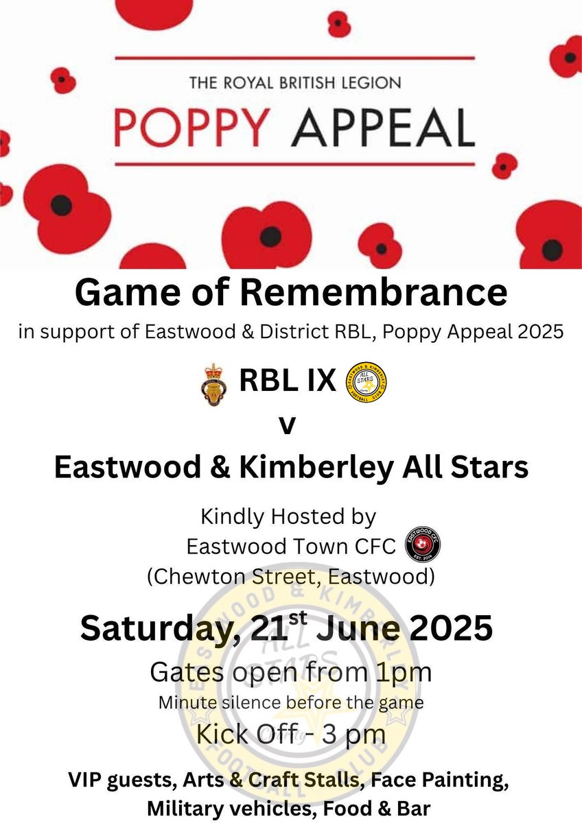 ⚽️ GAME OF REMEMBRANCE
🗓️ Sat 21st June | 🕐 1PM gates | 🕒 KO 3PM
📍 Eastwood Town CFC

We’re proud to represent in support of the <a href="/PoppyLegion/">Royal British Legion</a> ❤️

Over £44,000 raised for good causes so far — let’s keep it going!

#GameOfRemembrance #PoppyAppeal2025 #EKAllStars