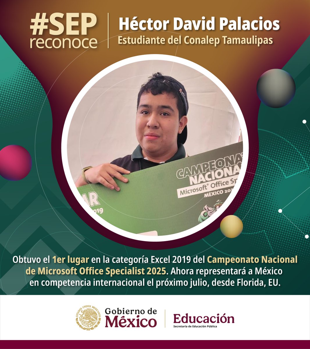 ¡Alumno del #CONALEP se va a Orlando, Florida! 😱🇲🇽

#SEPReconoce a Héctor David Palacios, alumno del <a href="/CONALEP_Mex/">CONALEP</a>, en Tamaulipas, quien ganó el 1er lugar nacional en Excel 2019 y representará a México en el Campeonato Internacional de Microsoft Office Specialist 2025 en Orlando,